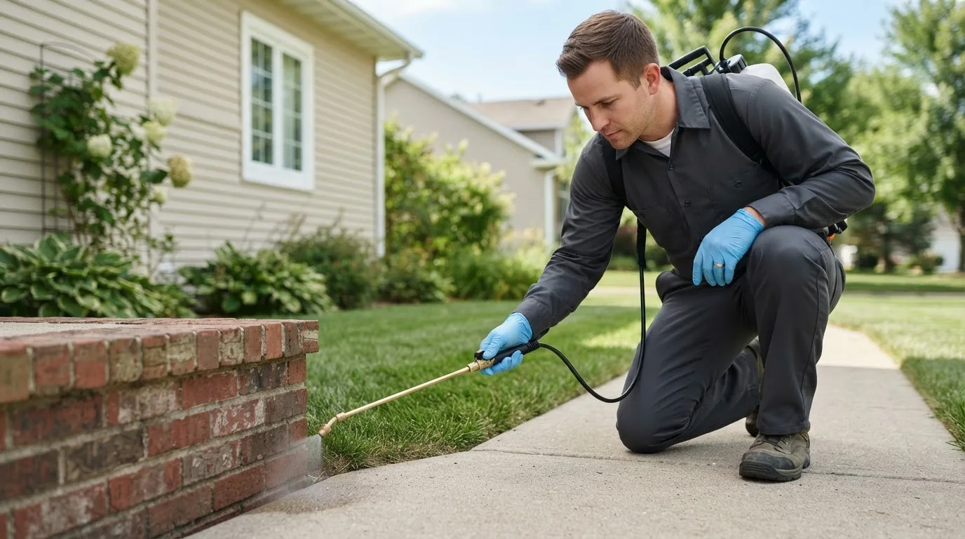 Pest control technician treating a home near Yarmouth, IA